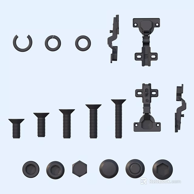 Various Black Mechanical Parts Including Washers Screws Clips And Brackets 3d model