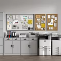 Grey Office Bookcases With Bulletin Boards Charts Notes File Cabinets And Printers