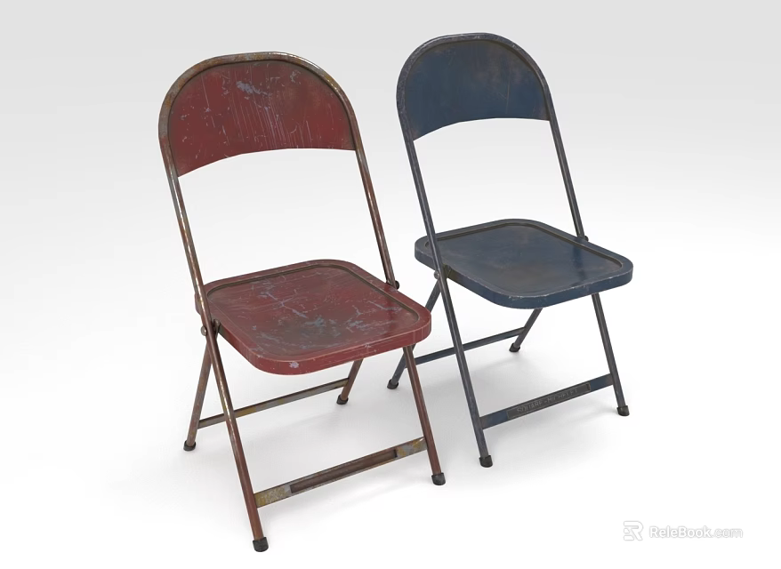 Red and Blue Folding Leisure Chairs with Metal Frames and Distressed Finish 3d model 
