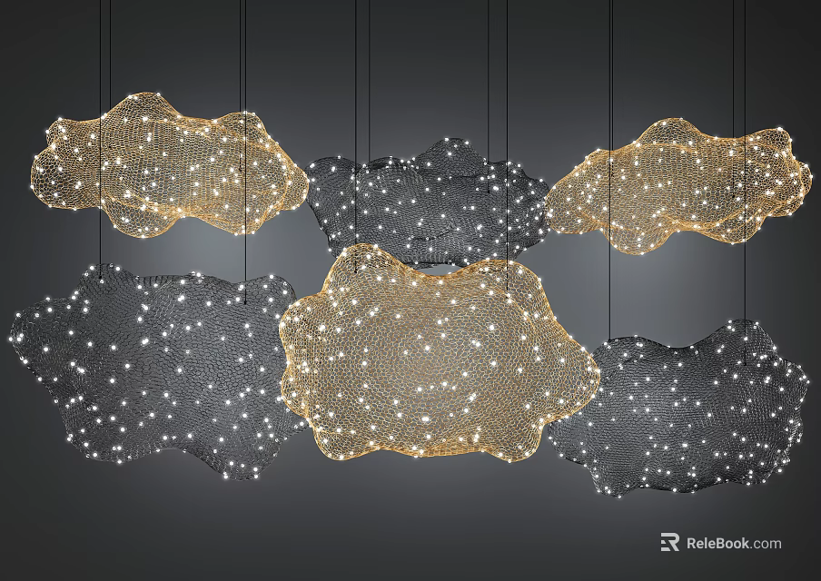 Multiple Modern Mesh Design Chandeliers In Golden Black With Star Like Lights Hanging 3d model 
