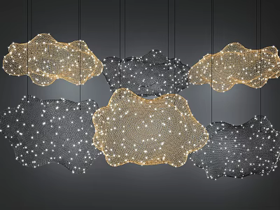 Multiple Modern Mesh Design Chandeliers In Golden Black With Star Like Lights Hanging 3d model