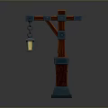 Vintage Wooden Lamp Post With Blue Accents And Hanging Lantern Light