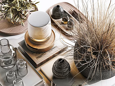 Natural Minimalist Decorative Ornament Set With Glass Vases Wooden Tray And Woven Texture 3d model