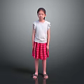 Little Girl Standing in White Top and Red Plaid Skirt on Gray Background with Sandals
