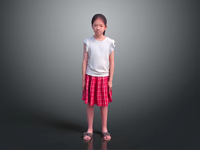Little Girl Standing in White Top and Red Plaid Skirt on Gray Background with Sandals 3d model
