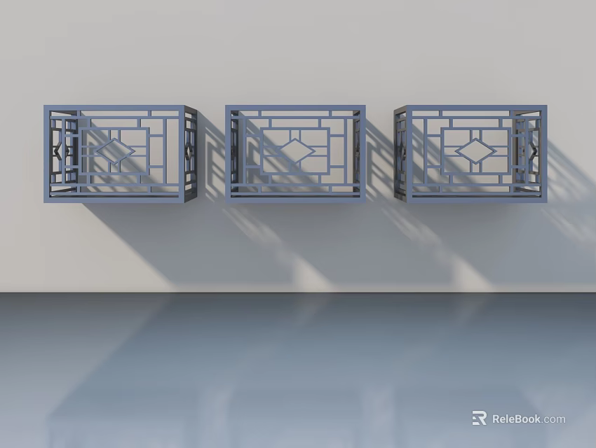 Gray Geometric Pattern Swing Doors Mounted On White Wall With Reflective Floor 3d model