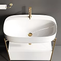 Modern Washbasin Design With White Basin Golden Stand And Round Mirror
