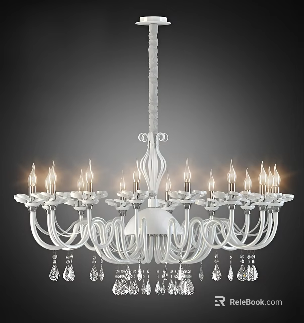 Elegant White Chandelier With Candle Shaped Lights And Crystal Pendants 3d model 
