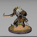 Horned Fantasy Warrior Character With White Fur Armored Holding Sword On Grass Base Platform