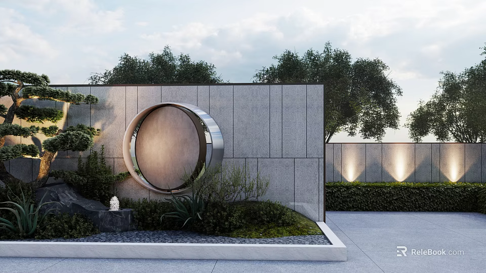 Modern Garden Feature Wall With Circular Decor Gray Stone Greenery And Lighting 3d model