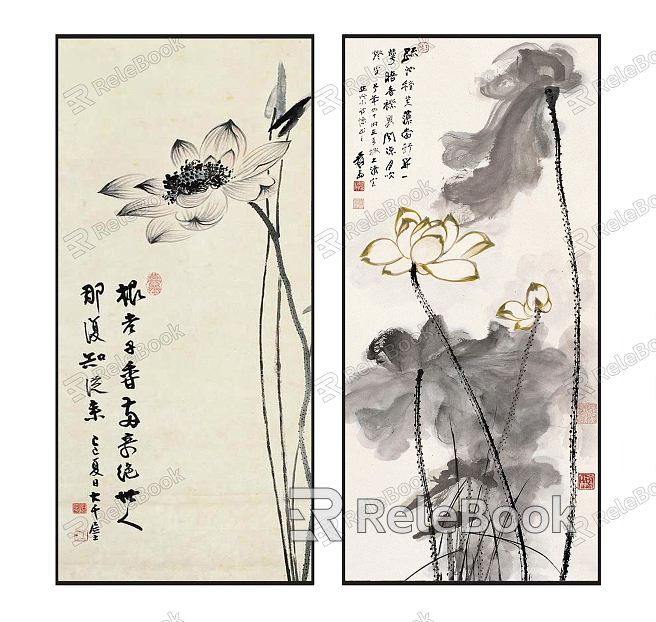 Chinese Plant Painting Advanced Grey Zen Artistic Conception Ink Lotus Pattern Hanging Painting Combination model