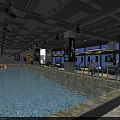 Modern Indoor Swimming Pool With Blue Water Ceiling Lights Large Windows And City View
