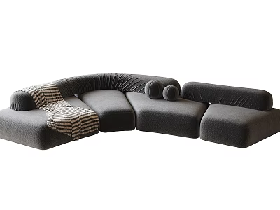 Contemporary Gray Sectional Sofa With Curved Design Soft Cushions And Striped Throw 3d model