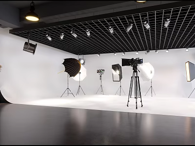 Professional Photography Studio Setup With Camera On Tripod Softboxes And Lighting Equipment 3d model