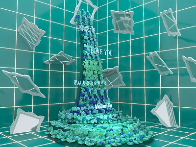 Broken Mirror Pieces On Green Tiled Background With Love You Text And Blue Green Decorations 3d model