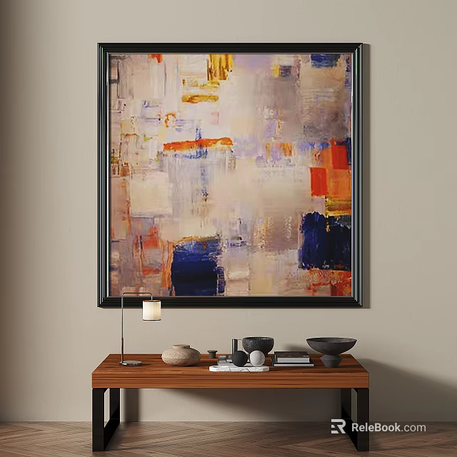 Abstract Painting Featuring Orange Blue Beige Blocks Hanging On Wall Above Wooden Table Decorative Items 3d model 