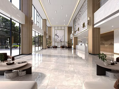 Hotel Lobby Modern Interior Design With Marble Floor Large Windows And Reception Desk 3d model