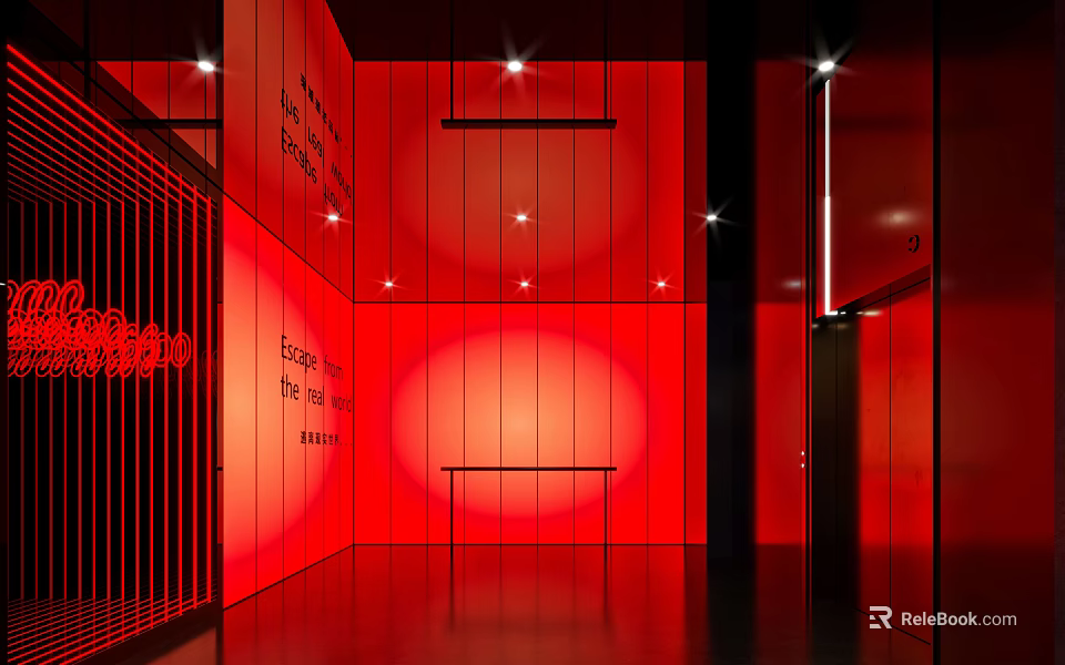 Red Themed Interior Space With Text On Walls Lighting Dark Floor And Small Table 3d model 