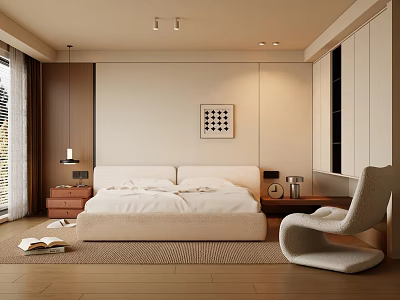 Modern Minimalist Bedroom with White Bed Accent Chair and Black White Grid Wall Art 3d model