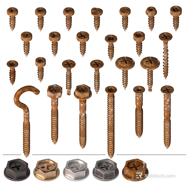 Rusty Metal Hardware Tools Collection Featuring Various Types of Screws and Hooks 3d model 