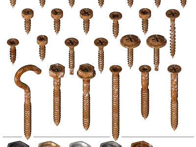 Rusty Metal Hardware Tools Collection Featuring Various Types of Screws and Hooks 3d model