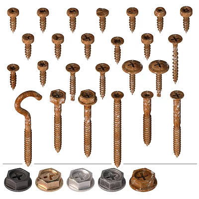 Rusty Metal Hardware Tools Collection Featuring Various Types of Screws and Hooks 3d model