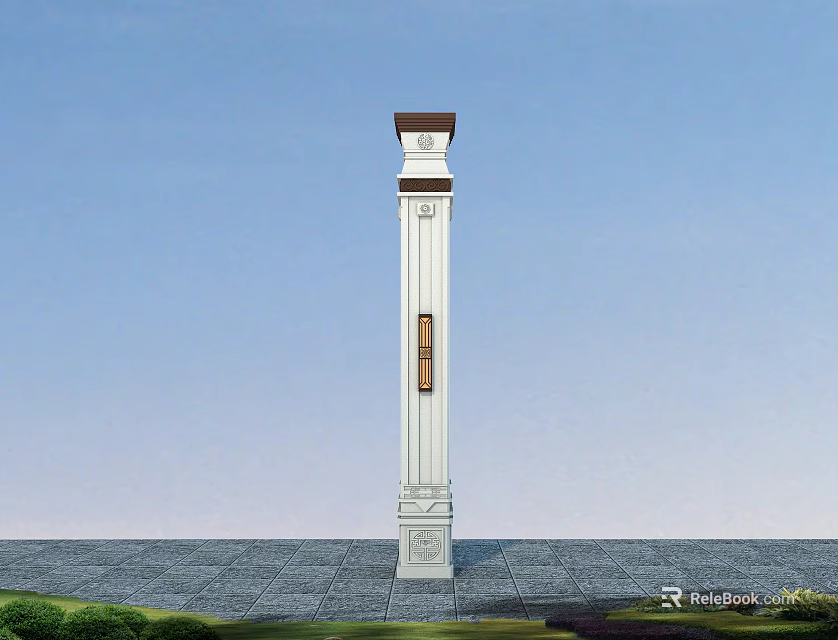 White Decorative Column With Brown Top Ornate Base On Gray Ground Green Plants Blue Sky 3d model 