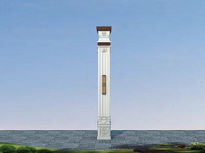 White Decorative Column With Brown Top Ornate Base On Gray Ground Green Plants Blue Sky 3d model
