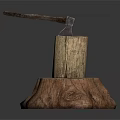 Rustic Wooden Stump With Embedded Axe And Natural Wood Texture 3d model