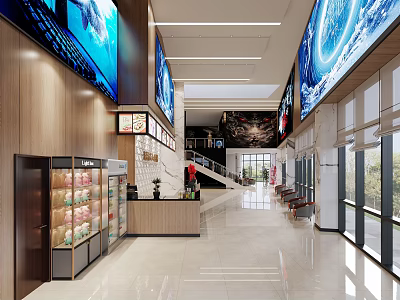 Modern Movie Theater Lobby With Large Digital Screens Ticket Counter And Comfortable Seating 3d model