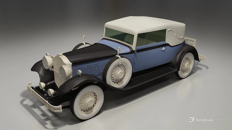 Vintage Blue And White Convertible Car With Classic Style White Spoke Wheels 3d model 