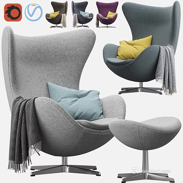 Modern Gray Single Sofa with Blue and Yellow Pillows Ottoman and Blanket 3d model 