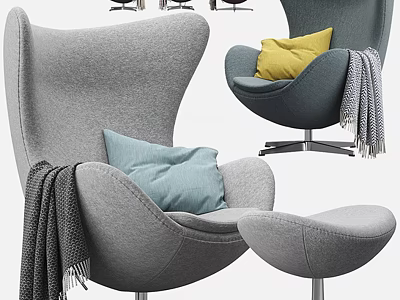 Modern Gray Single Sofa with Blue and Yellow Pillows Ottoman and Blanket 3d model