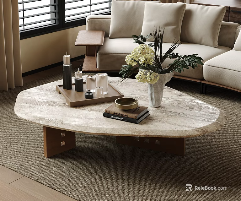 Oval Marble Coffee Table with Wooden Base Adorned with Flower Vase Tray and Books 3d model 