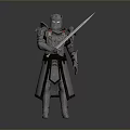 Game Fantasy Character In Metallic Medieval Armor Holding Long Sword Standing Pose