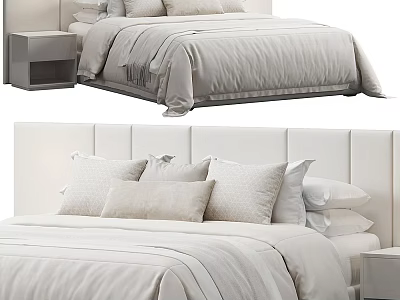 Double Bed Interior Design With Upholstered Headboard Multiple Pillows And Nightstand 3d model