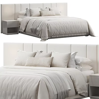Double Bed Interior Design With Upholstered Headboard Multiple Pillows And Nightstand 3d model