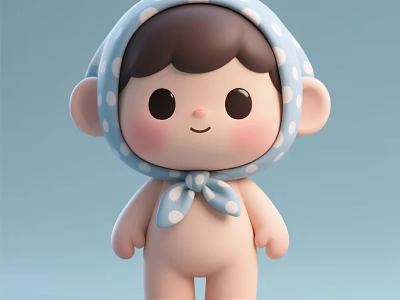 Cute Doll With Blue Polka Dot Headscarf Bow Pink Cheeks Brown Hair And Light Blue Background 3d model