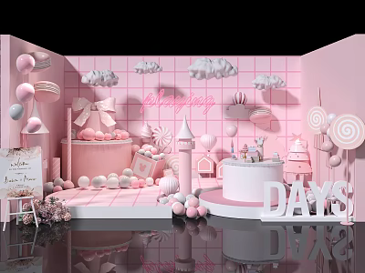 Pink Inflatable Birthday Party Setup With Clouds Castle Balloons And Cake 3d model