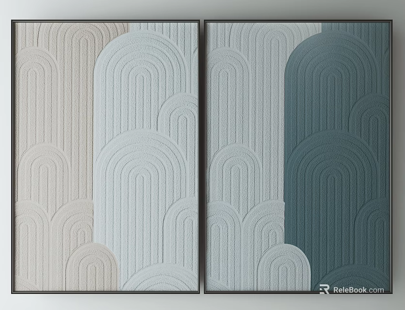 Modern Two Panel Decorative Paintings With Beige Light Gray Teal Wavy Patterns 3d model 