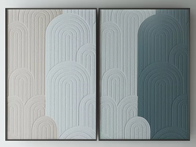 Modern Two Panel Decorative Paintings With Beige Light Gray Teal Wavy Patterns 3d model