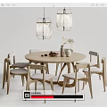Modern Round Dining Table Set with Six Chairs Pendant Lights and Decorative Vase 3d model