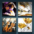 Colorful Abstract Paintings with Diverse Figures Color Blocks Displayed on Dark Blue Wall