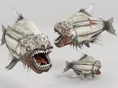 Fierce Aquatic Fish With Sharp Teeth Open Mouths And Silver Stripes 3d model
