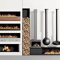Modern Fireplace Designs With Burning Flames Stacked Firewood Wood Storage And Tools