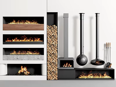 Modern Fireplace Designs With Burning Flames Stacked Firewood Wood Storage And Tools 3d model