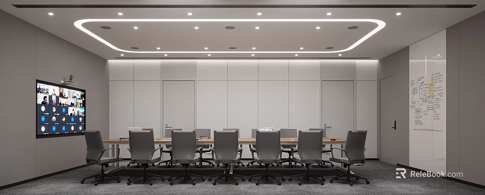 Modern Conference Room Interior With Long Wooden Table Ergonomic Chairs And Recessed Ceiling Lighting 3d model 
