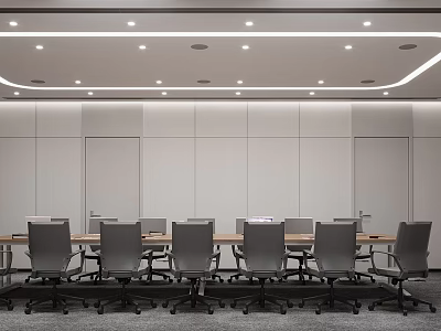Modern Conference Room Interior With Long Wooden Table Ergonomic Chairs And Recessed Ceiling Lighting 3d model