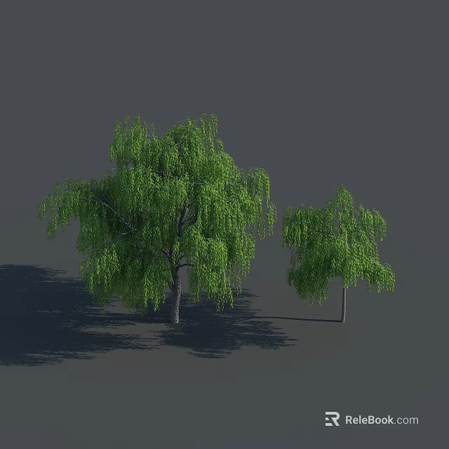 Two Weeping Willow Trees With Green Hanging Branches And Shadows On Gray Background 3d model 