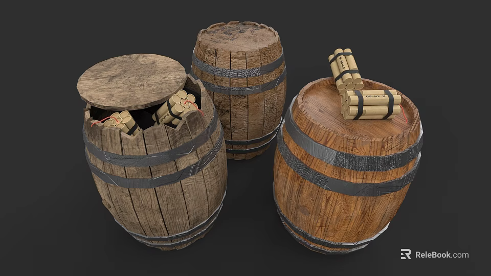 Dynamite Weapons Stored in Vintage Wooden Barrels with Metal Bands 3d model 